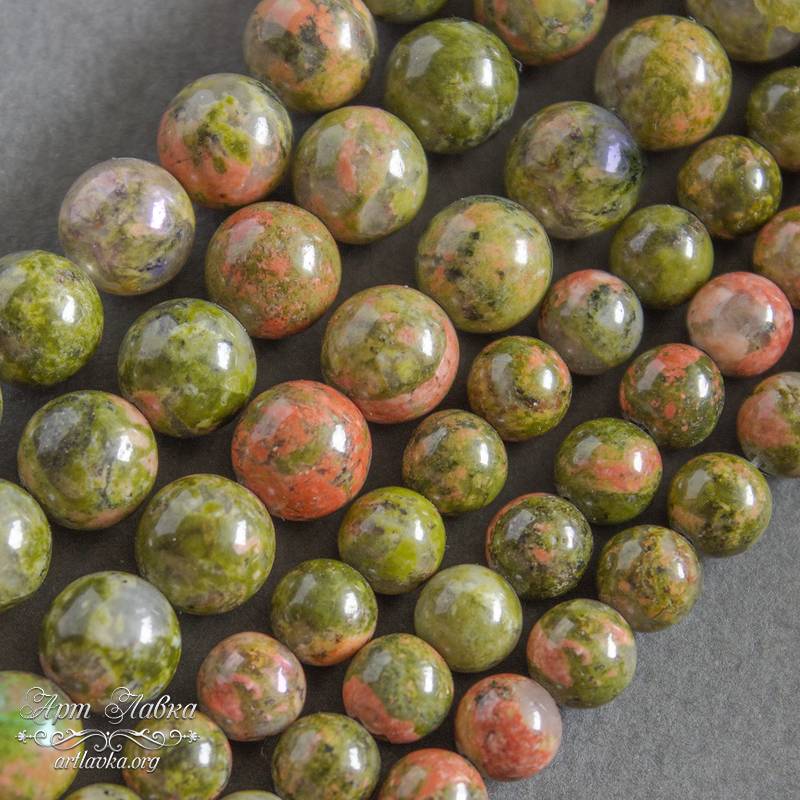 Унакит зеленые бусины 6 8 10 12 мм круглые шарики - увеличенное фото изображение в карточке товара артикул: 109722