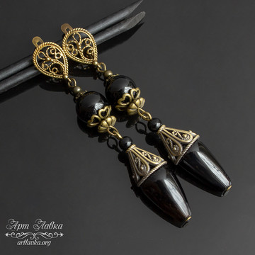 Длинные серьги Люсиана из черного агата и бронзовой фурнитуры - фото изображение товара, artikul: 107210