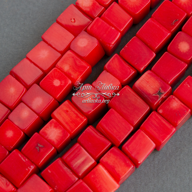 Коралл натуральный 9х8 мм красные бусины кубики - увеличенное фото изображение в карточке товара артикул:  