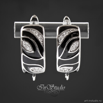 Швензы для сережек КЭРИС родий черная эмаль фианиты - фото изображение товара, artikul: 108646