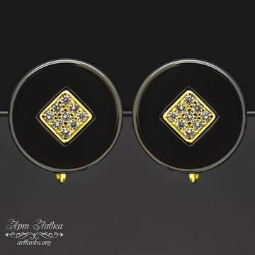 Швензы с фианитами ЭЛЬВИНА позолота черная керамика - фото изображение товара, artikul: 110742