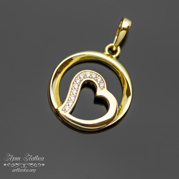 Подвеска кулон Сердце в круге 18 мм позолота фианиты - фото изображение товара, artikul: 111750