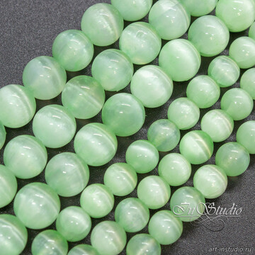 Селенит натуральный салатовый 6 8 10 мм с эффектом кошачий глаз бусины шарики - фото изображение товара, artikul: 113370