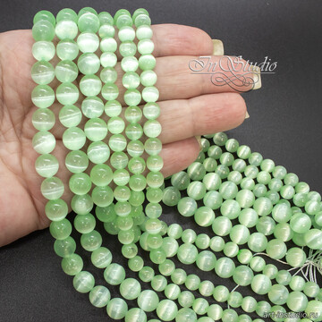 Селенит натуральный салатовый 6 8 10 мм с эффектом кошачий глаз бусины шарики арт: 113370 фото 2