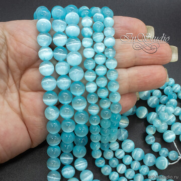 Селенит натуральный бирюзовый с эффектом кошачий глаз 6 8 10 мм бусины шары арт: 113367 фото 2