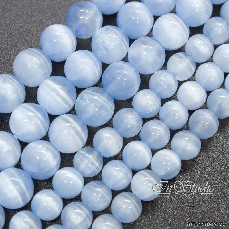 Селенит природный голубой с эффектом кошачий глаз 6 8 10 мм бусины шары - увеличенное фото изображение в карточке товара артикул: 113364