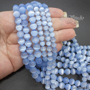 Селенит природный голубой с эффектом кошачий глаз 6 8 10 мм бусины шары арт: 113364 фото 2