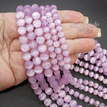 Селенит светло лиловый с эффектом кошачий глаз 6 8 10 мм бусины шары арт: 113361 фото 2