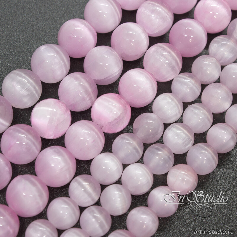 Селенит природный розовый с эффектом кошачий глаз 6 8 10 мм бусины шары - увеличенное фото изображение в карточке товара артикул: 113358