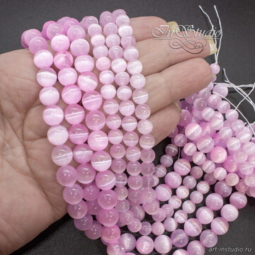 Селенит природный розовый с эффектом кошачий глаз 6 8 10 мм бусины шары art: 113358 фотография 3