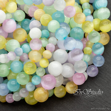 Селенит природный разноцветный с эффектом кошачий глаз НИТЬ 6 8 10 мм бусины шарики - фото изображение товара, artikul: 113355