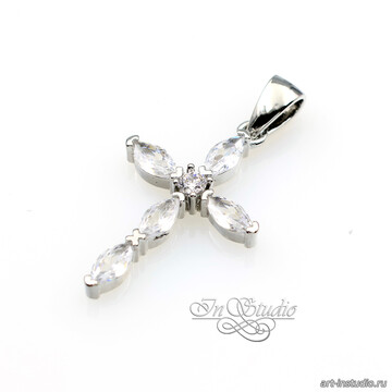 Подвеска Крест кулон родий 26х14 мм с прозрачными овальными фианитами art: 113421 фотография 3