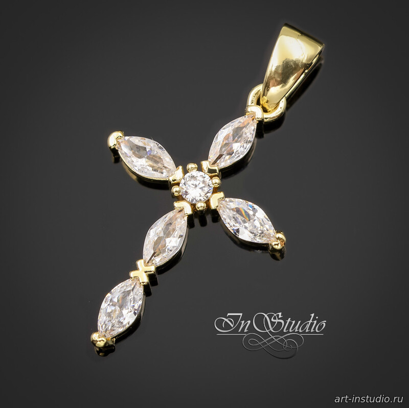 Подвеска Крест кулон позолота 26х14 мм с прозрачными овальными фианитами - увеличенное фото изображение в карточке товара артикул: 113424