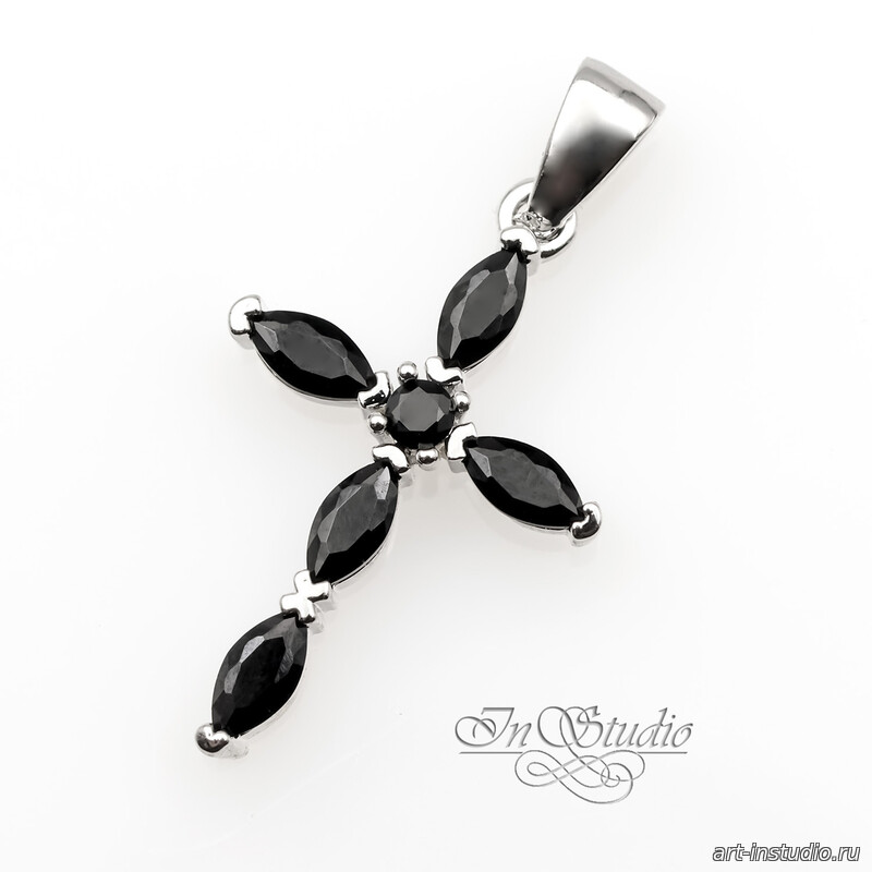 Подвеска Крест кулон родий 26х14 мм с черными овальными фианитами - увеличенное фото изображение в карточке товара артикул: 113415