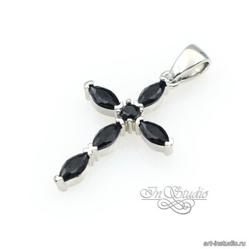 Подвеска Крест кулон родий 26х14 мм с черными овальными фианитами арт: 113415 фото 2