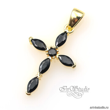Подвеска Крест кулон позолота 26х14 мм с черными овальными фианитами - фото изображение товара, artikul: 113418