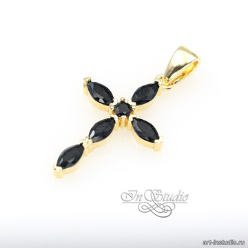 Подвеска Крест кулон позолота 26х14 мм с черными овальными фианитами арт: 113418 фото 2