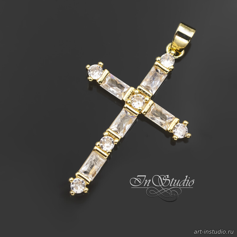 Подвеска кулон Крест 40 мм позолота инкрустация фианитами - увеличенное фото изображение в карточке товара артикул: 113412