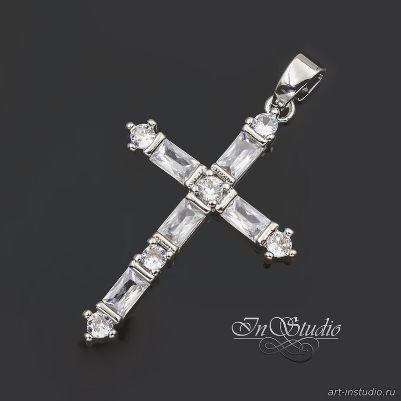 Подвеска кулон Крест 40 мм родий инкрустация фианитами - увеличенное фото изображение в карточке товара артикул: 113409