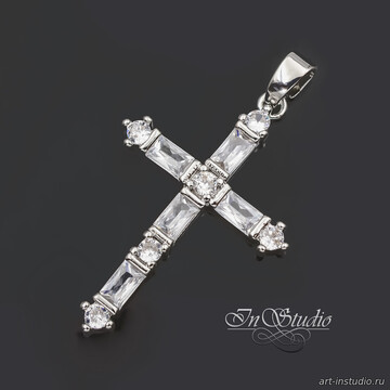 Подвеска кулон Крест 40 мм родий инкрустация фианитами - фото изображение товара, artikul: 113409