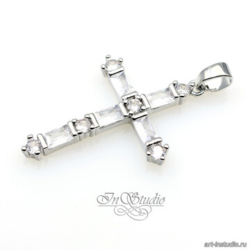 Подвеска кулон Крест 40 мм родий инкрустация фианитами арт: 113409 фото 2