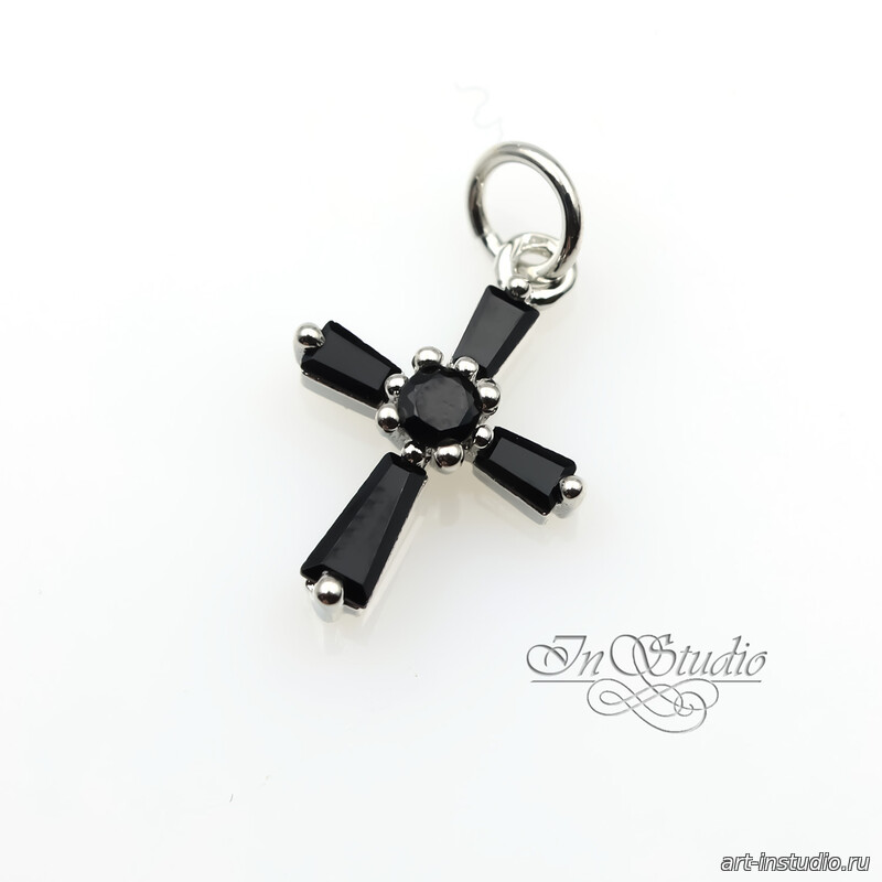 Подвеска Крест кулон 15х11 мм черные фианиты родий - увеличенное фото изображение в карточке товара артикул: 113397