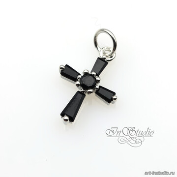 Подвеска Крест кулон 15х11 мм черные фианиты родий - фото изображение товара, artikul: 113397