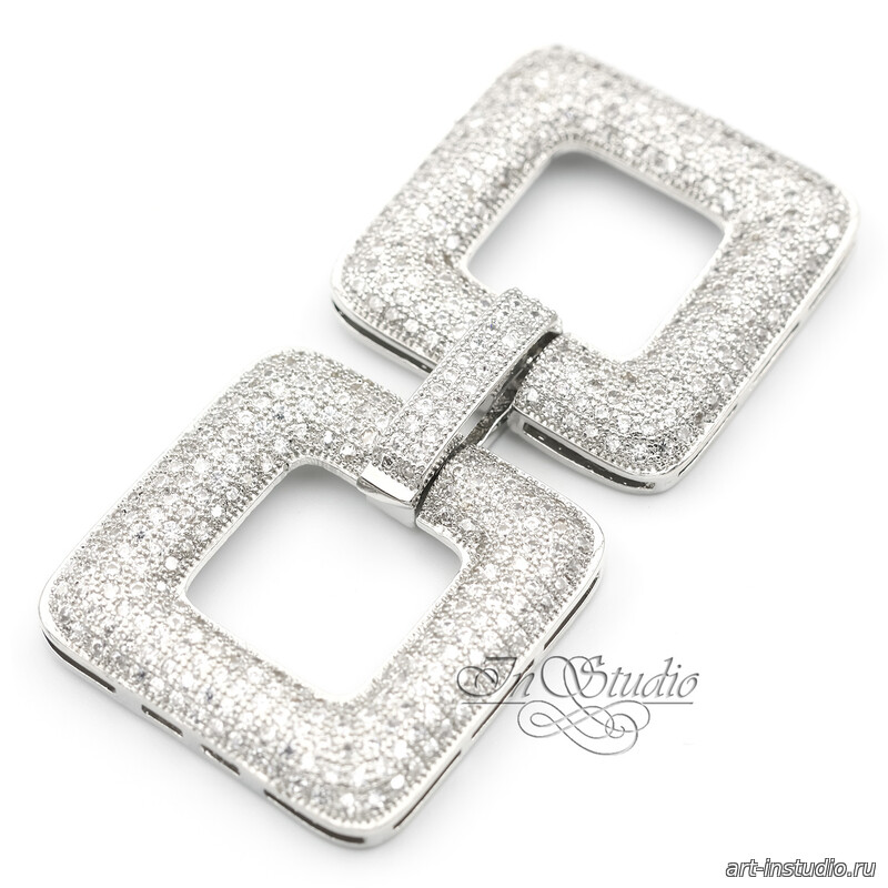 Замок защелка Квадраты 50х24 мм с фианитами родированный - увеличенное фото изображение в карточке товара артикул: 113455