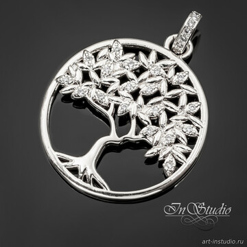 Подвеска круглая Дерево 25 мм родий с фианитами - фото изображение товара, artikul: 113685