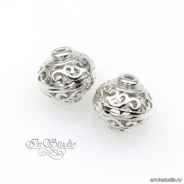 Бусина из металла ажурная с вензелями 10х9,6 мм родий - фото изображение товара, artikul: 113709