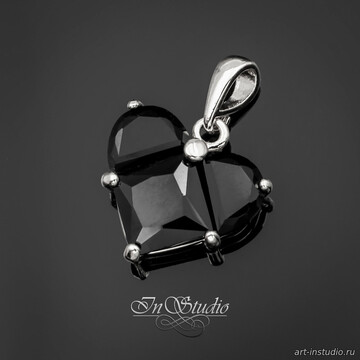 Подвеска Сердце с крупными черными фианитами 14 мм родий - фото изображение товара, artikul: 113847