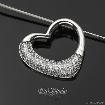 Подвеска кулон Сердце под цепочку 16х14 мм фианиты родий - фото изображение товара, artikul: 113911