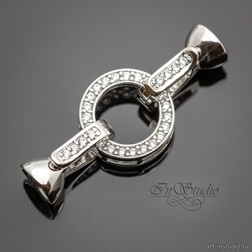 Замок двойной концевик 35 мм круглый фианиты родий - фото изображение товара, artikul: 114107