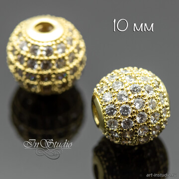 Бусина с фианитовыми вставками 10 мм шар позолоченное покрытие - фото изображение товара, artikul: 114276
