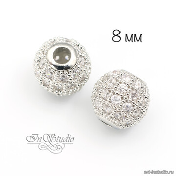 Бусина декоративная с фианитами 8 мм шар родиевое покрытие - фото изображение товара, artikul: 114264