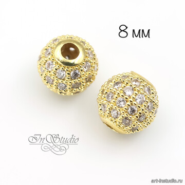 Бусина декоративная с фианитами 8 мм шар позолоченное покрытие - фото изображение товара, artikul: 114267