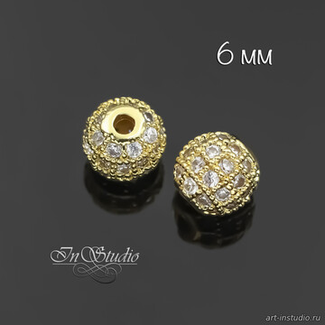 Бусина металлическая с фианитами 6 мм шар позолоченное покрытие - фото изображение товара, artikul: 114258
