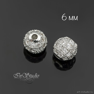 Бусина металлическая с фианитами 6 мм шар родиевое покрытие - фото изображение товара, artikul: 114255